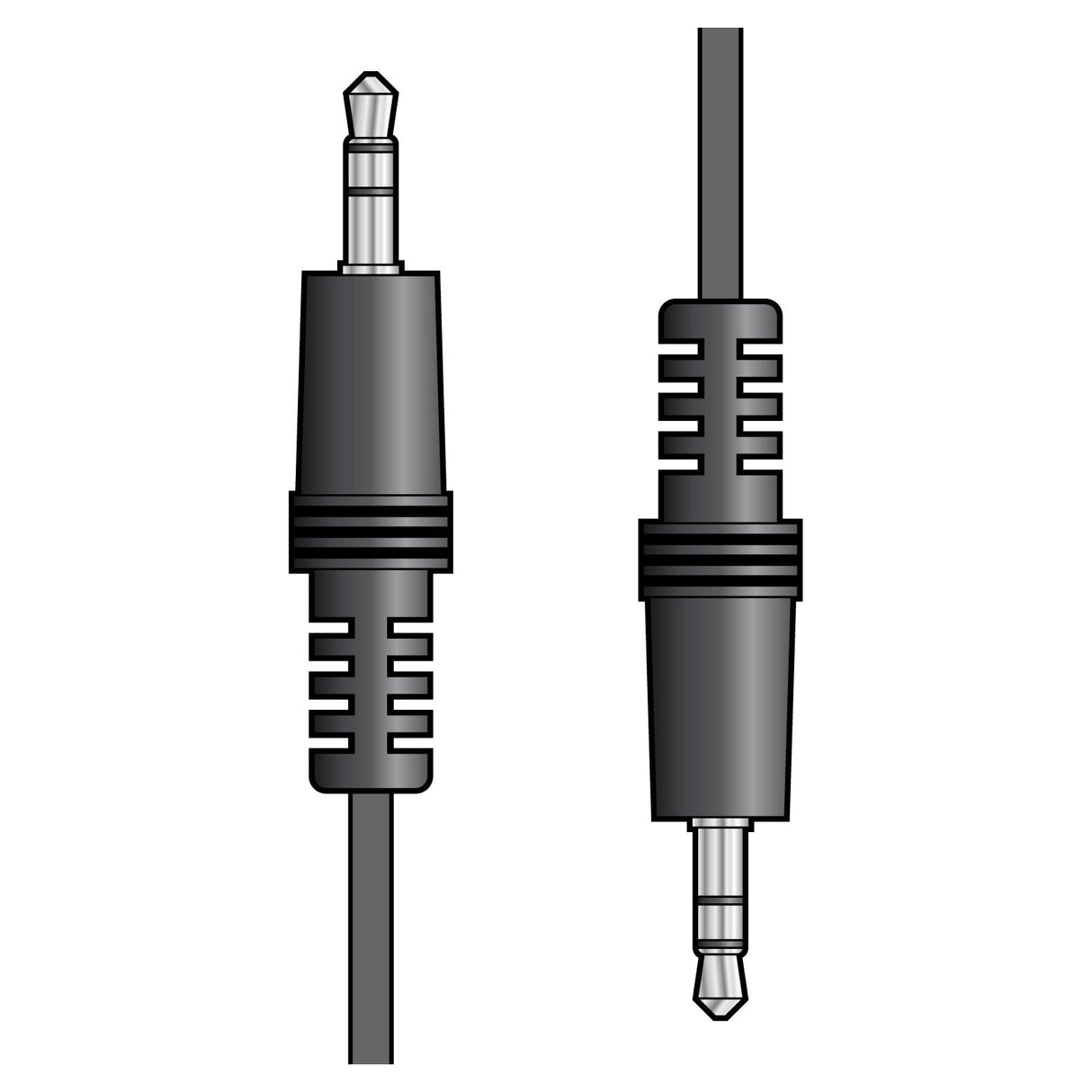 Illustration of two black AV:Link 3.5mm stereo plug connectors, one vertical and one horizontal, set against a white background.