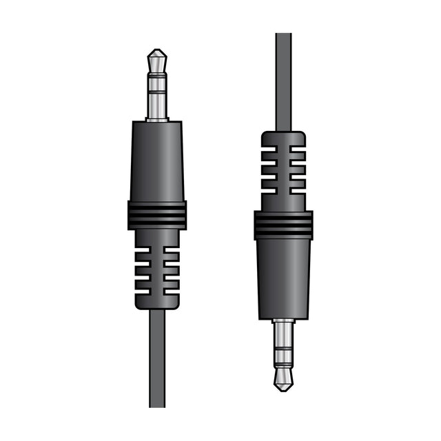 AV:Link 3.5mm stereo jack lead with two black moulded mini jack plugs and silver tips on a plain white background.