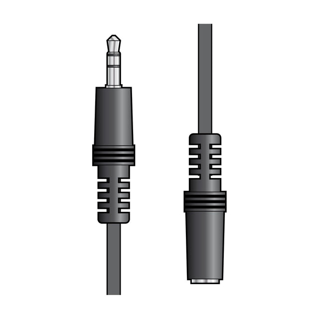AV:Link 3.5mm stereo extension lead illustration showing a black mini-jack plug alongside a matching stereo socket end on a plain white background.
