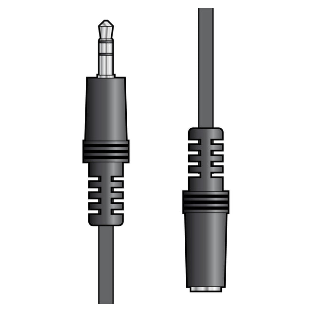 A sleek illustration of the AV:Link 3.5mm Stereo Plug To 3.5mm Stereo Socket Lead - 6m, showcasing its black cable with a stereo plug on one end and a female jack on the other, positioned vertically against a crisp white background.