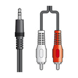 AV:Link 3.5mm stereo to 2 x RCA plugs audio lead illustration showing black mini-jack connector alongside red and white phono plugs on a white background.