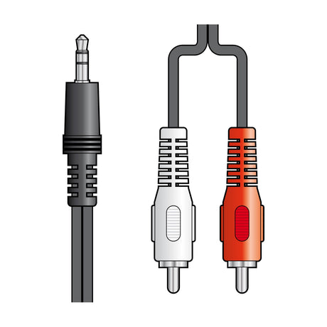 AV:Link 3.5mm stereo to 2 x RCA plugs 5.0m audio lead, showing the black jack connector alongside red and white phono plugs on a white background.