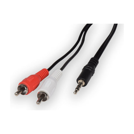AV:Link 3.5mm stereo jack to twin red and white RCA phono plugs audio lead with black cable, shown on a plain white background.