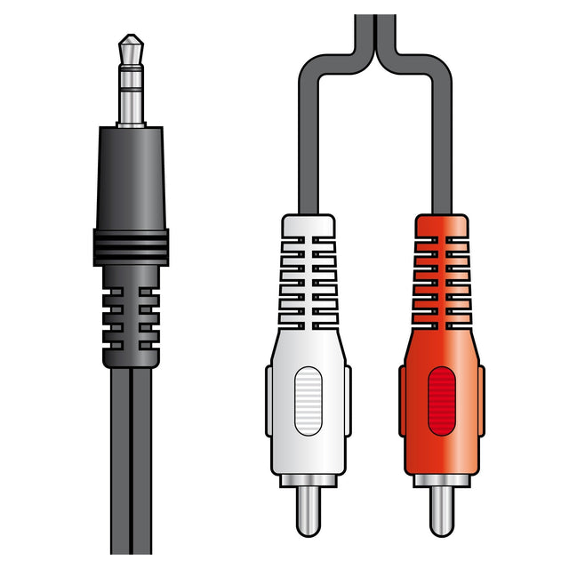 The AV:Link 3.5mm Stereo Plug to 2 x RCA Plugs Lead features a black 3.5mm stereo plug on the left, ideal for personal music players, and two RCA connectors on the right—one white and one red—attached to a black cord. This cable is available in a length of 10 meters.