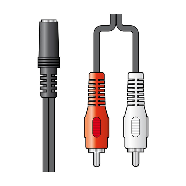 AV:Link RCA to 3.5mm stereo socket adaptor lead with red and white phono plugs and a black 3.5mm socket end on a white background.