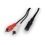 AV:Link 2 x RCA to 3.5mm stereo socket adaptor lead with red and white RCA plugs and black female jack on a white background.