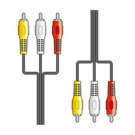 AV:Link 3 x RCA to 3 x RCA 1.5m audio cable with yellow, white and red phono plugs on each end, shown on a plain white background.