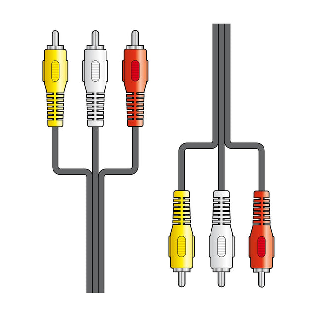 AV:Link 3x RCA to 3x RCA composite AV lead with yellow, white and red colour-coded phono plugs on each end, shown on a plain white background.
