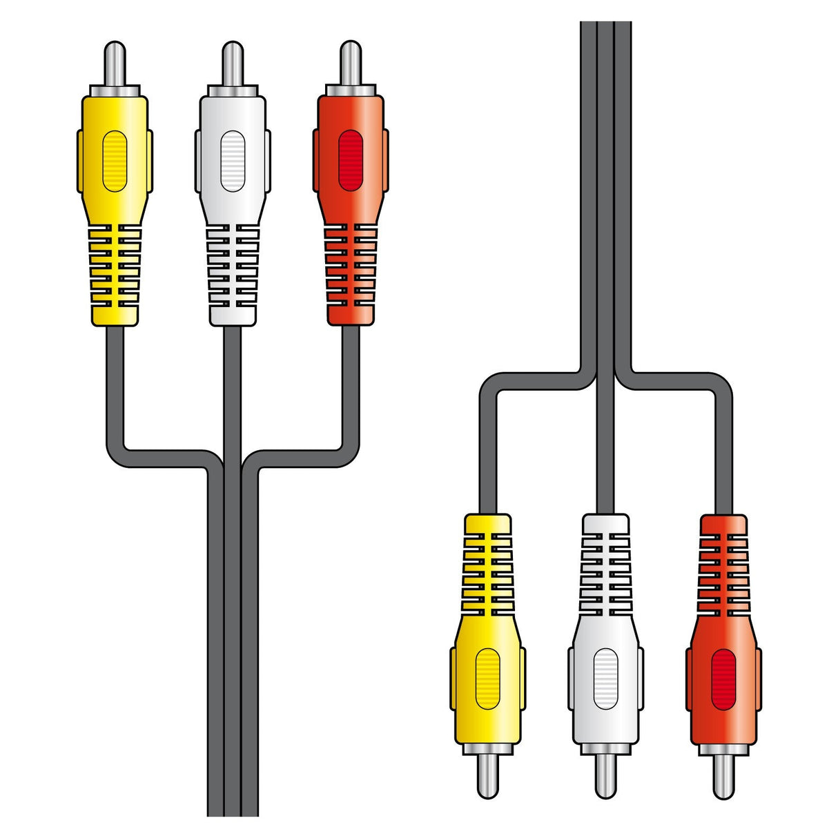 Illustration of two sets of AV:Link 3 x RCA Plugs To 3 x RCA Plugs Lead - 5m. Each set features three connectors in yellow, white, and red attached to gray cables, arranged vertically, and designed for efficient transmission of stereo sound and video connection signals.