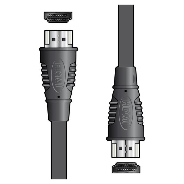 Illustration of the AV:Link HDMI Plug To Plug Cable - 1m and connectors. The image shows a close-up of the HDMI plug design, featuring the standard rectangular shape and pins, with a label reading HDMI on the casing, emphasizing its Ethernet compatibility for seamless 3D video formats.