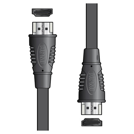 An illustration featuring two AV:Link HDMI Plug To Plug Cables - 10m in black with gray accents. One cable is depicted horizontally showcasing both connectors, while the other is presented vertically, emphasizing the embossed HDMI label and Ethernet capabilities on each side.