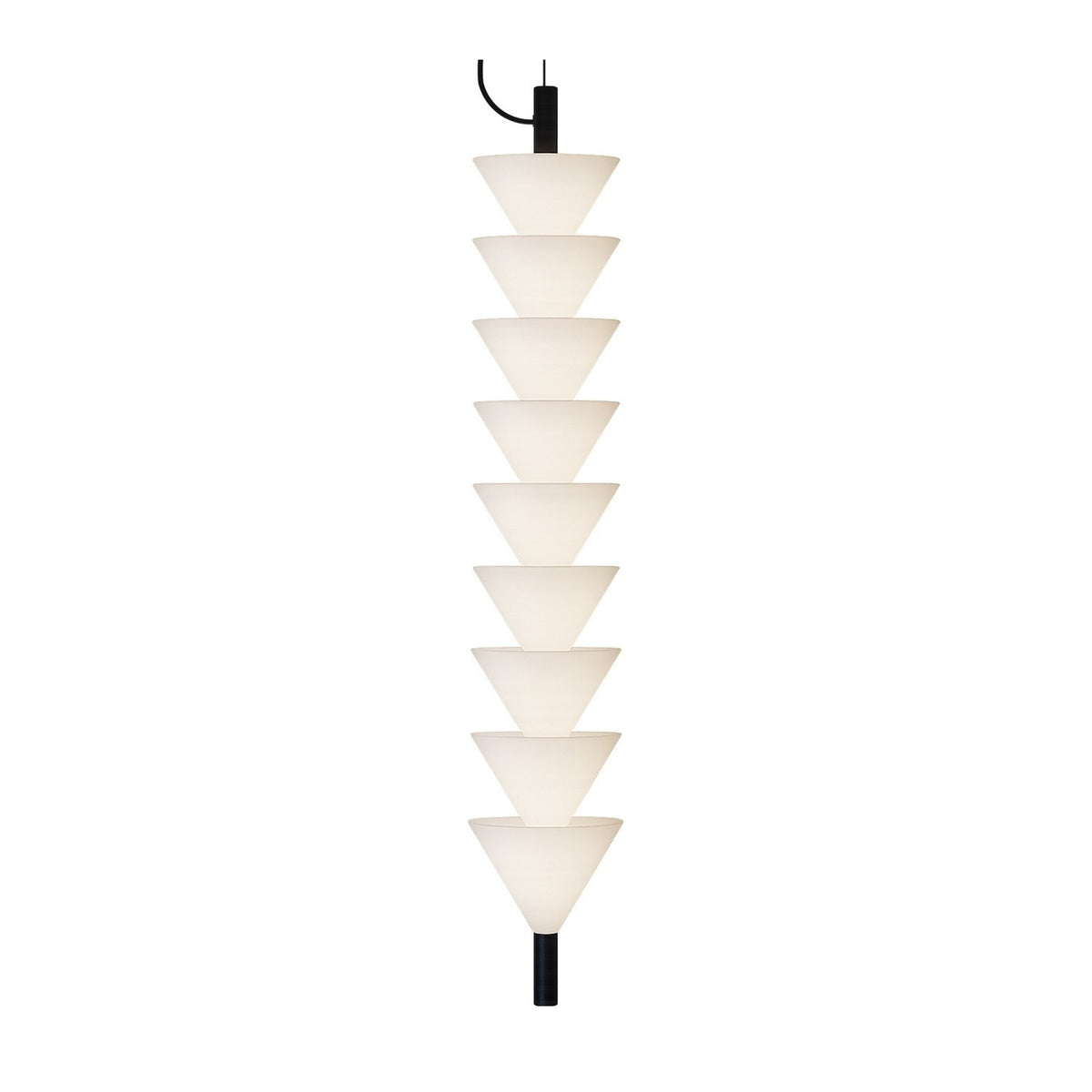 Boga Vertical Down LED Cone Glass Linear Pendant in matt black, nine stacked white glass cone shades on a slim iron rod, shown on a plain white background.