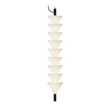 Boga Vertical Down LED Cone Glass Linear Pendant in matt black, nine stacked white glass cone shades on a slim iron rod, shown on a plain white background.