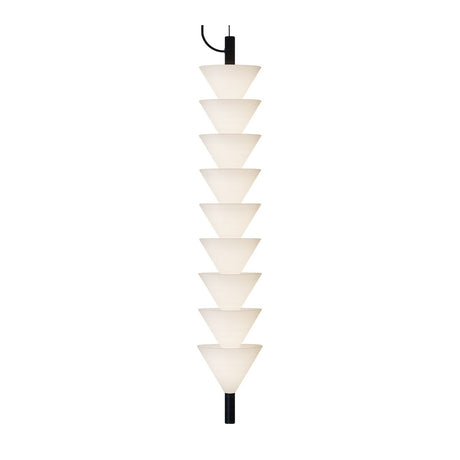 Boga Vertical Down LED Cone Glass Linear Pendant in matt black, nine stacked white glass cone shades on a slim iron rod, shown on a plain white background.