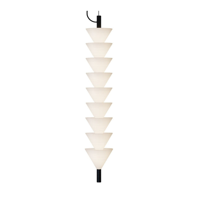 Boga Vertical Down LED Cone Glass Linear Pendant in matt black, nine stacked white glass cone shades on a slim iron rod, shown on a plain white background.