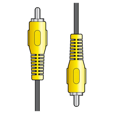 Illustration of two yellow AV:Link RCA Plug to RCA Plug Leads - 10m with silver connectors. One cable is shown horizontally and the other vertically, both featuring textured grips and connected to black wires.