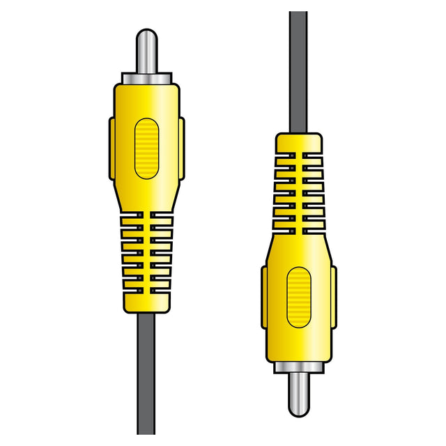 Illustration of two yellow AV:Link RCA Plug to RCA Plug Leads - 10m with silver connectors. One cable is shown horizontally and the other vertically, both featuring textured grips and connected to black wires.