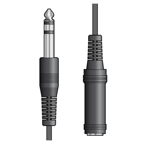 An illustration of the AV:Link 6.3mm Stereo Plug To 6.3mm Stereo Socket Lead - 6m features a stereo plug with a silver tip, black insulator ring, metal sleeve, and black plastic grip on one end, with the cord shown in a vertical position.