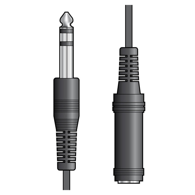 An illustration of the AV:Link 6.3mm Stereo Plug To 6.3mm Stereo Socket Lead - 6m features a stereo plug with a silver tip, black insulator ring, metal sleeve, and black plastic grip on one end, with the cord shown in a vertical position.