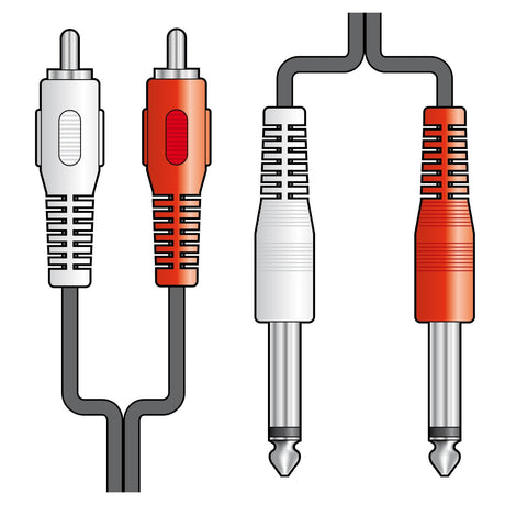 An illustration depicting the AV:Link 2 x RCA Plugs to 2 x 6.3mm Mono Plugs Lead - 1.2m shows audio cables with red and white RCA plugs on the left and a stereo plug with red and white handles on the right, all linked by a single black wire.