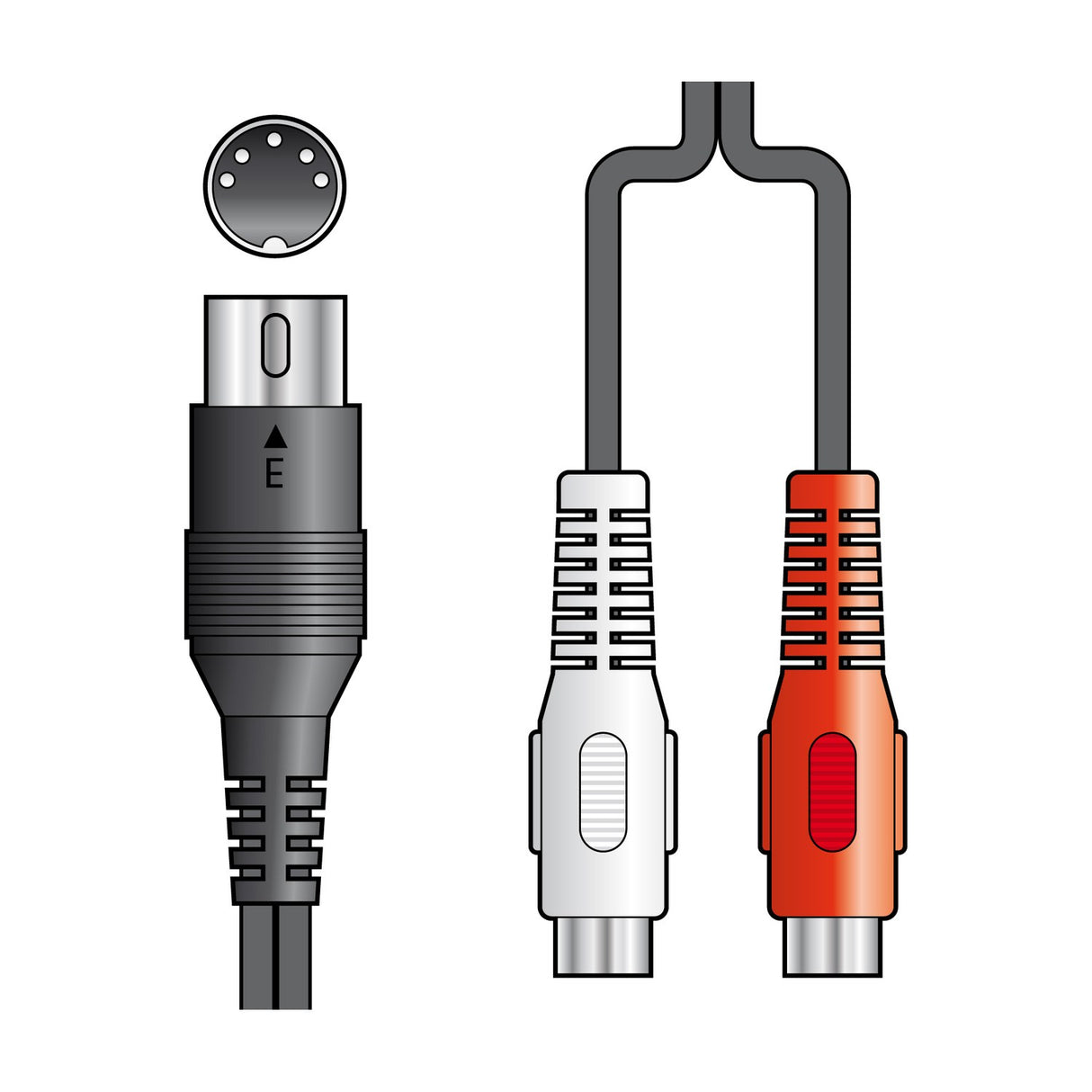 AV:Link 5-pin DIN to 2x RCA socket audio lead diagram showing black DIN plug and white and red RCA sockets on a plain background.