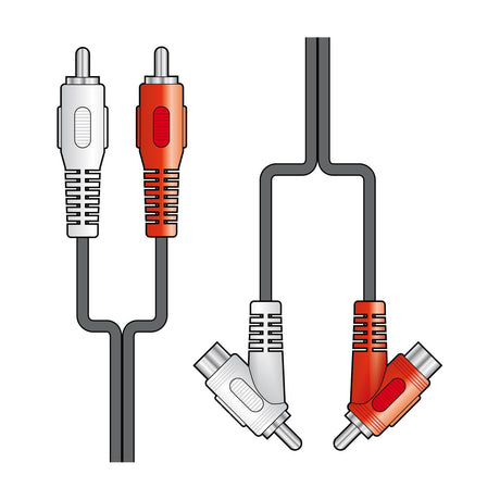 AV:Link 2x RCA to 2x stackable RCA plugs 1.8m audio lead with red and white colour-coded connectors and pass-through sockets, on a white background.