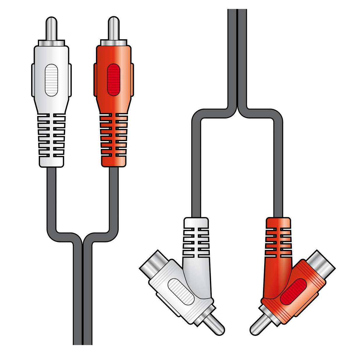 Illustration of the AV:Link 2 x RCA Plugs - To 2 x Stackable RCA Plugs - 1.8m audio cables with red and white RCA plugs. The left side depicts two connectors joined by cables, while the right side displays the connectors separated, emphasizing the plug and socket ends and their function in transmitting analogue audio signals against a clean white backdrop.