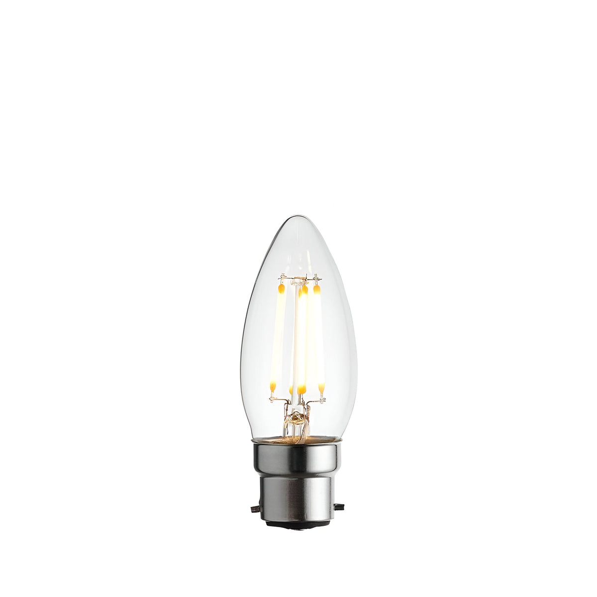Endon 4W B22 LED filament candle bulb with clear glass, tapered tip and visible warm white filaments on a plain white background.