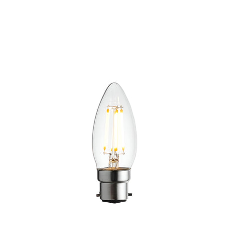 Endon 4W B22 LED filament candle bulb with clear glass, tapered tip and visible warm white filaments on a plain white background.