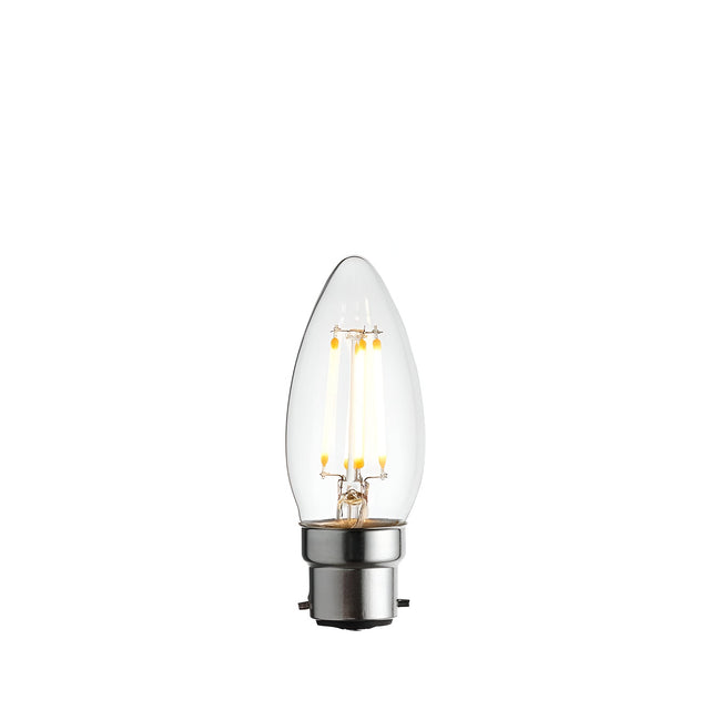 Endon 4W B22 LED filament candle bulb with clear glass, tapered tip and visible warm white filaments on a plain white background.