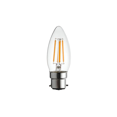 Endon 4W B22 LED filament candle bulb with clear tapered glass, visible warm white filaments and silver bayonet cap, shown on a plain white background.