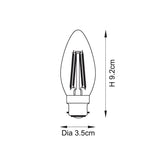 Technical line drawing of the Endon 4W B22 LED filament candle bulb showing height 9.2cm and diameter 3.5cm on a plain white background.
