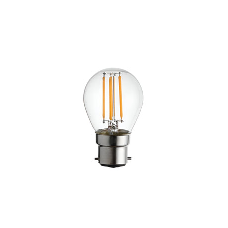 Endon 4W B22 LED filament golf bulb with clear glass, visible warm white filaments and brushed metal bayonet cap on a plain white background.