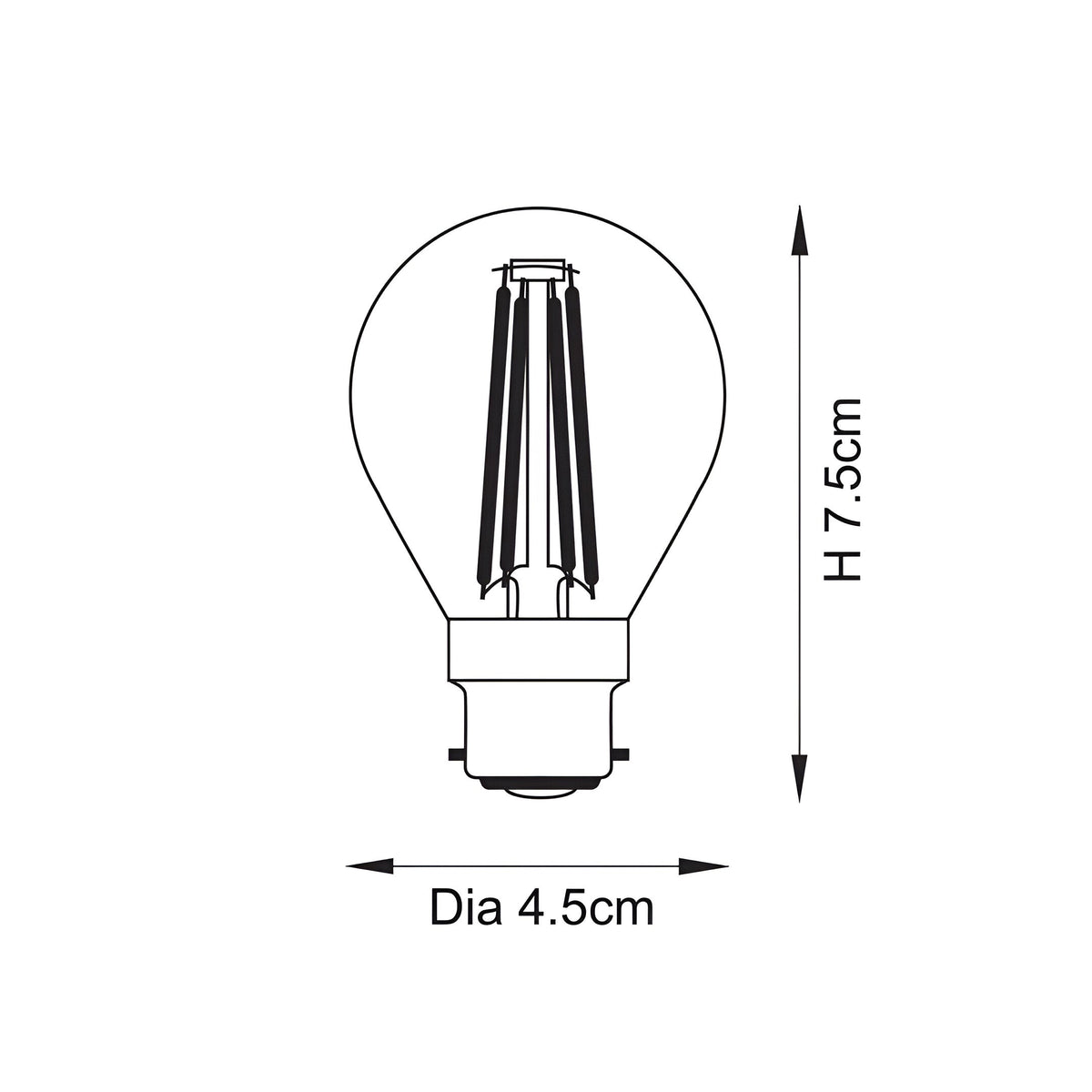 Endon 4W B22 LED filament golf bulb dimensions diagram showing 7.5cm height and 4.5cm diameter with bayonet cap and visible filaments.