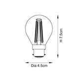 Endon 4W B22 LED filament golf bulb dimensions diagram showing 7.5cm height and 4.5cm diameter with bayonet cap and visible filaments.