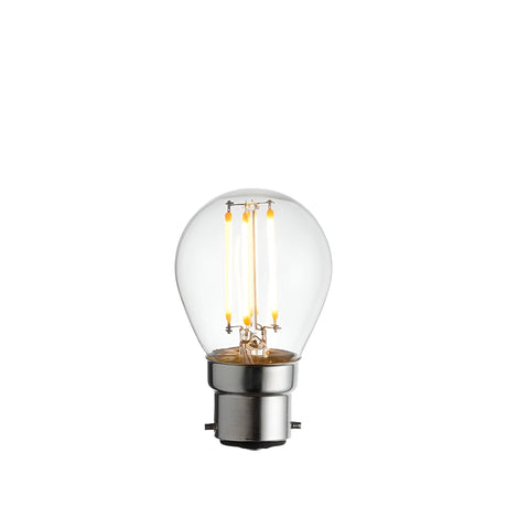 Endon 4W B22 LED filament golf bulb with clear glass, warm white filaments and brushed metal bayonet cap on a plain white background.