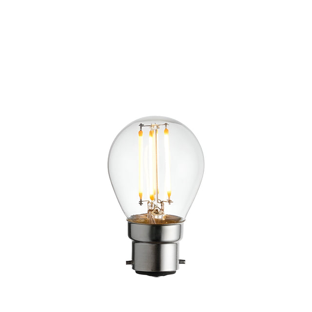 Endon 4W B22 LED filament golf bulb with clear glass, warm white filaments and brushed metal bayonet cap on a plain white background.