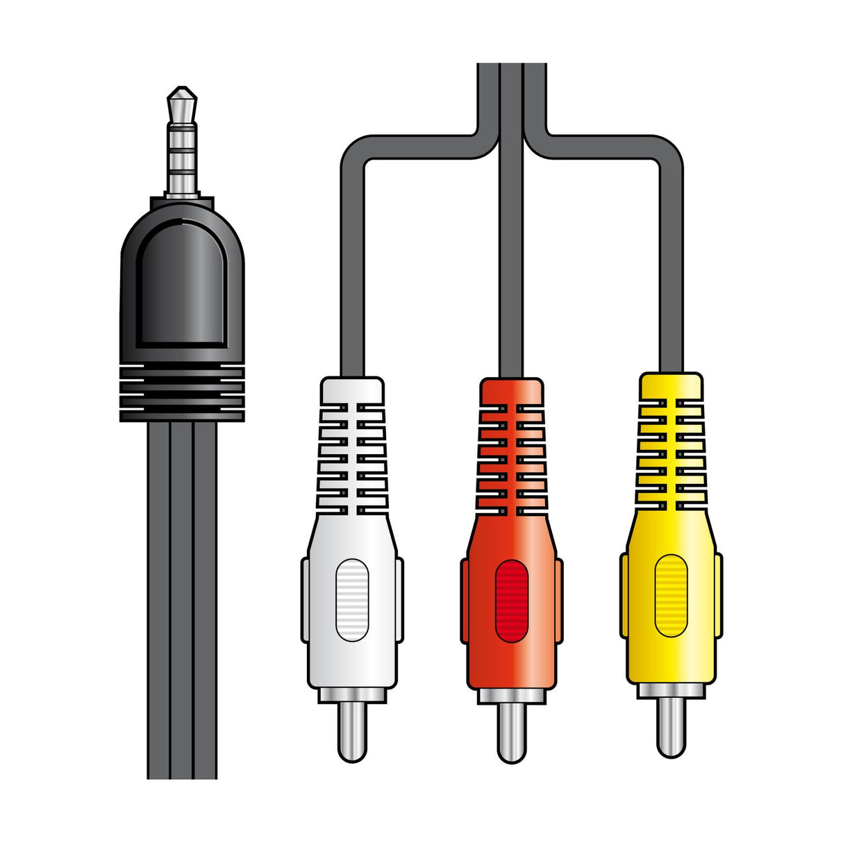AV:Link camcorder lead with 4-pole 3.5mm TRRS jack plug and three colour-coded RCA phono plugs in white, red and yellow on a plain background.
