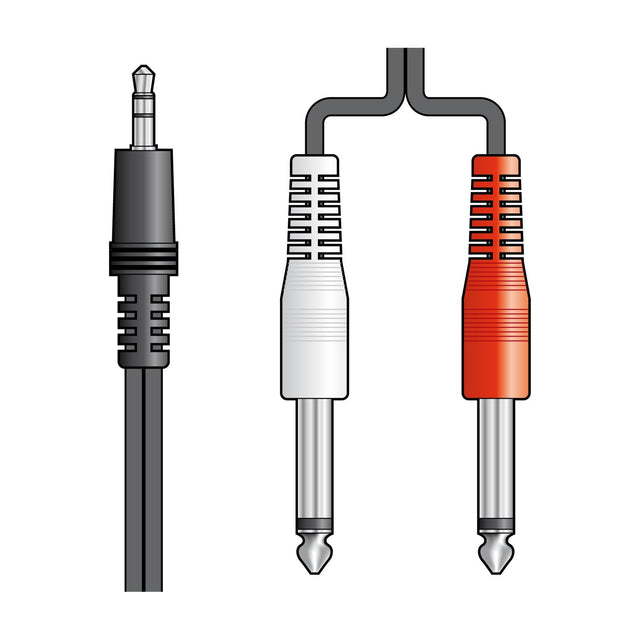 AV:Link 3.5mm stereo jack to two 6.3mm mono jack lead by AVSL, showing black, white and red connectors on a plain background.