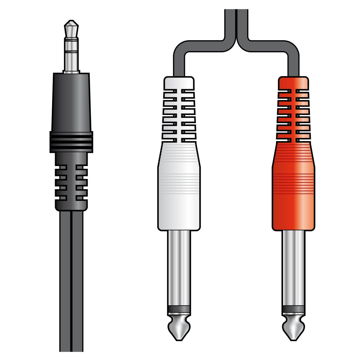 Depiction of an AV:Link 3.5mm stereo plug adjacent to a splitter cable with two 6.3mm mono plugs, ideal for connecting to a mixer audio input.