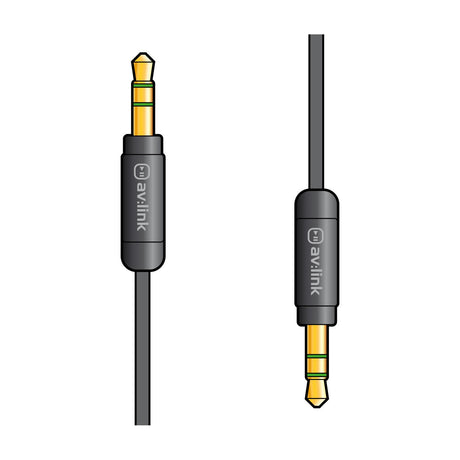 AV:Link Precision 3.5mm stereo aux lead with two gold-plated jack plugs and slimline black metal connector housings on a plain white background.