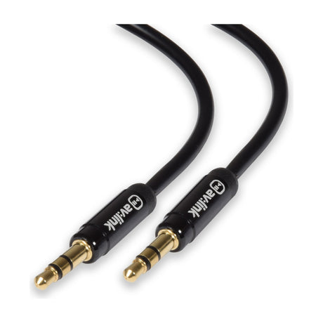 AV:Link Precision 0.5m aux lead with two gold-plated 3.5mm stereo jack plugs and black moulded connectors on a white background.
