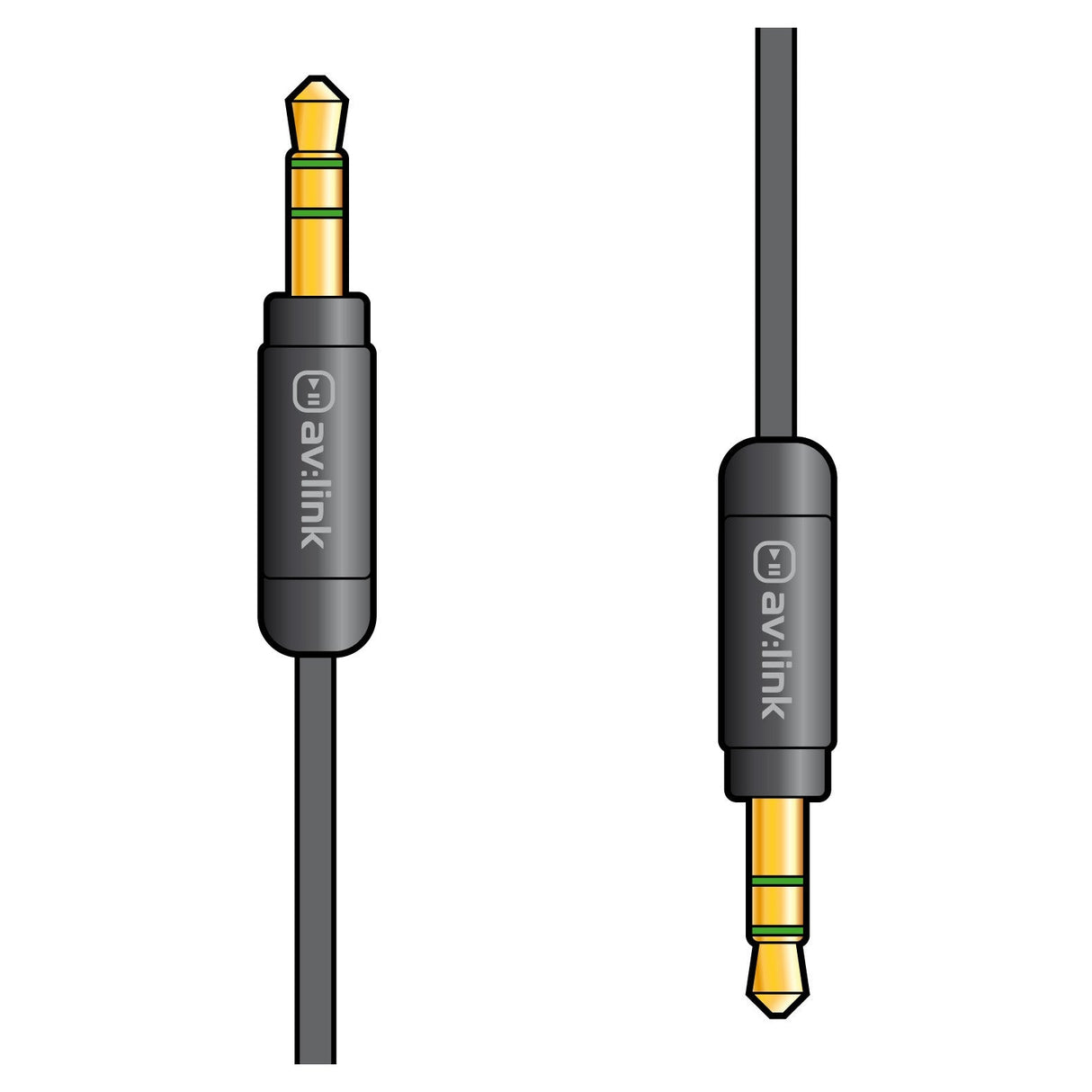 Depiction of two black AV:Link Precision 3.5mm Stereo Plug To 3.5mm Stereo Plug Leads - 0.5m, with gold-plated tips and precision connectors. The left cable is shown vertically, highlighting both the plug and cord, while the right cable is oriented horizontally. Each cable displays the avlink brand name prominently.