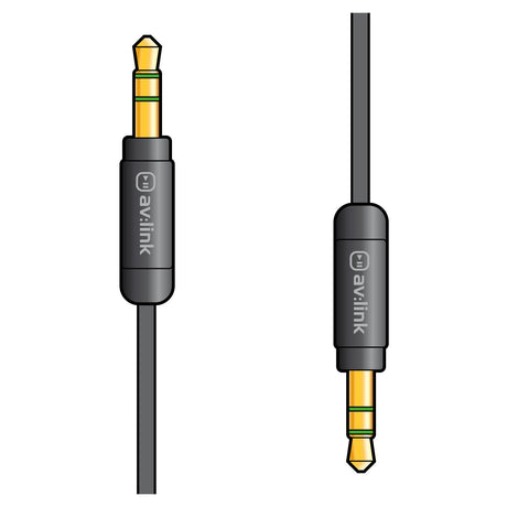 Depiction of two black AV:Link Precision 3.5mm Stereo Plug To 3.5mm Stereo Plug Leads - 0.5m, with gold-plated tips and precision connectors. The left cable is shown vertically, highlighting both the plug and cord, while the right cable is oriented horizontally. Each cable displays the avlink brand name prominently.