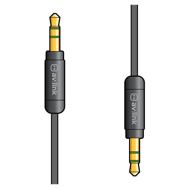 Depiction of two black AV:Link Precision 3.5mm Stereo Plug To 3.5mm Stereo Plug Leads - 0.5m, with gold-plated tips and precision connectors. The left cable is shown vertically, highlighting both the plug and cord, while the right cable is oriented horizontally. Each cable displays the avlink brand name prominently.
