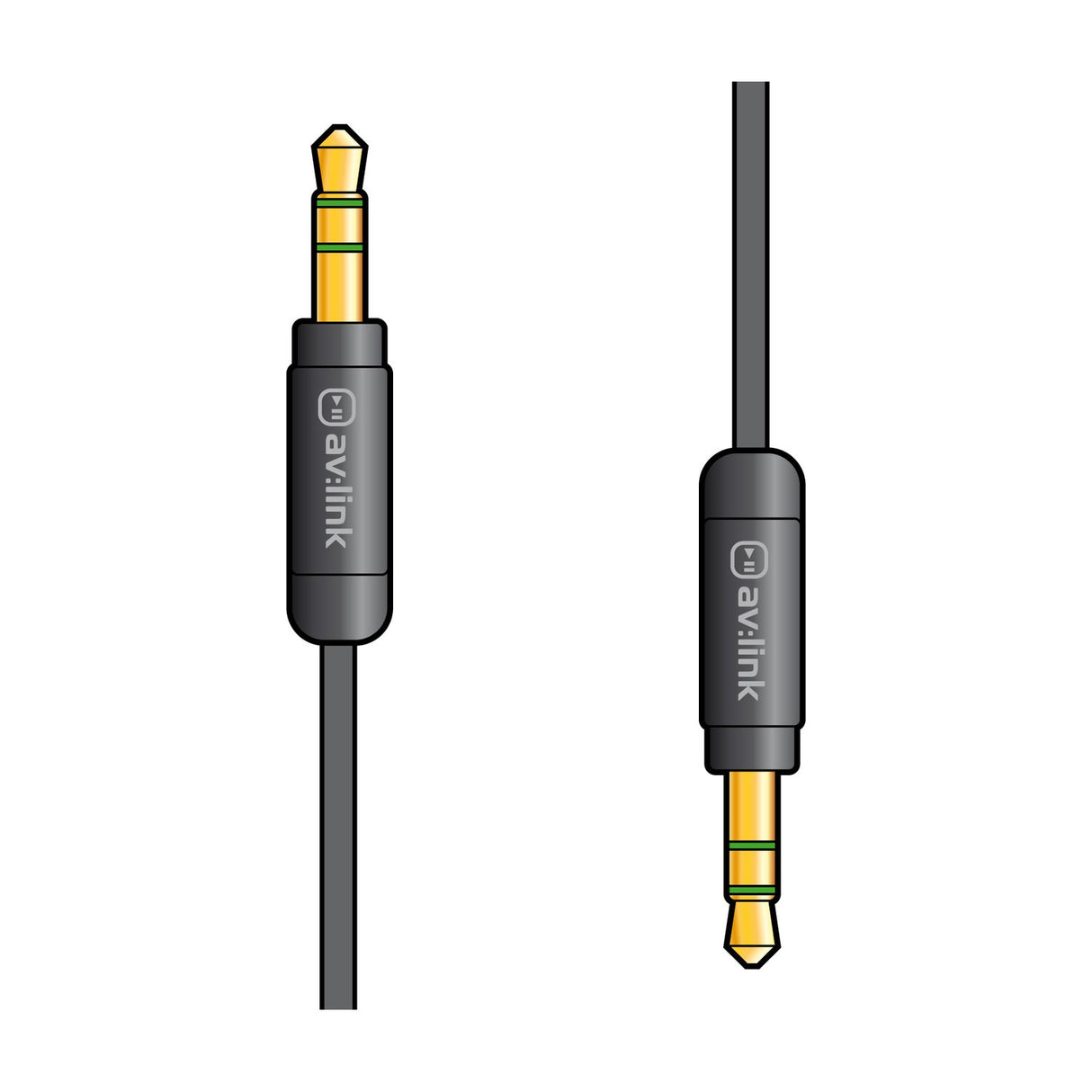AV:Link Precision 3.5mm stereo audio lead showing both gold-plated plug-to-plug connectors with slim black metal bodies on a plain white background.