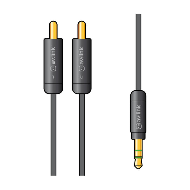 AV:Link Precision 3.5mm jack to two RCA audio lead with slimline black connectors, gold-plated plugs and L/R labels, shown on a white background.