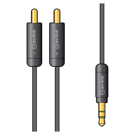 Illustration of an AV:Link audio lead: two RCA plugs on the left and a 3.5mm stereo jack on the right. Both plugs feature black casings with gold-colored tips, and the cables are labeled with "AV:Link Precision 3.5mm Stereo Plug To 2xrca Plugs Lead - 1.5m.