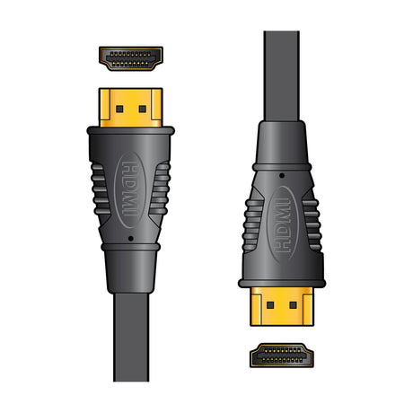 AV:Link 4K HDMI lead with two black plug connectors and gold plated contacts, shown with close-ups of the HDMI ports on a white background.