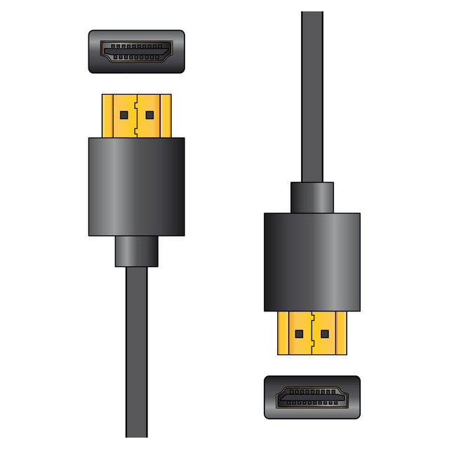 Illustration of the AV:Link HDMI Thinwire 4K Plug To Plug - 1m cables, featuring two connectors with gold contacts. The black Thin-Wire HDMI cable is displayed horizontally, while the other stands vertically aligned—perfect for 4K Ultra HD setups.